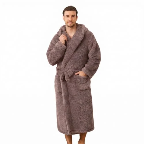 Men's Fleece Hooded Robe IX, Coffee